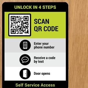 A door decal showing the four steps to unlock: scan the QR code, enter a phone number, receive a text code, door opens